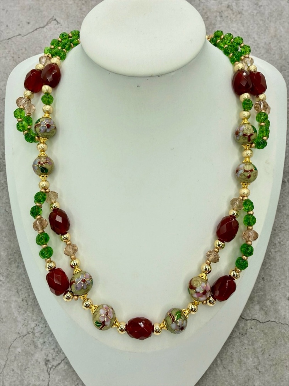 Handmade Peridot Carnelian Cloisonné Cluster Necklace 18” Gold w Magnetic Clasp